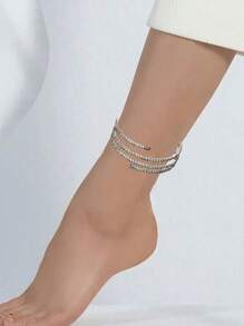 1pc Simple Flexible Rhinestone Leg Foot Chain Anklet For Women, Elegant Vintage Layered Foot Jewelry Can Be Wrapped And Styled Freely, Suitable For Daily Wear And Summber Beach Holidays Gift
