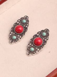 1pc Oval Agate Decor Antique Silver Floral Line Design Hair Clip For Women, Suitable For Bangs Hairstyling On Various Occasions