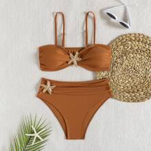 全新极简设计，纯色，性感，显瘦，遮肚，时尚配饰，度假风比基尼套装，时尚优雅两件式泳衣，女士沙滩派对，畅销泳装