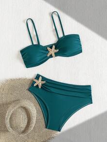 全新极简设计，纯色，性感，显瘦，遮肚，时尚配饰，度假风比基尼套装，时尚优雅两件式泳装，女士沙滩派对，夏季畅销泳装 - 墨綠 - 查看 6