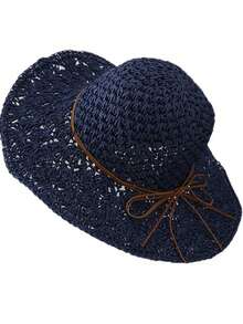 1 pieza Sombrero de paja de moda para mujer, sombrero de verano tejido a mano, ala ancha, estilo coreano, correa con lazo plegable, sombrero protector solar para playa y pesca, accesorio de viaje y vacaciones como regalo