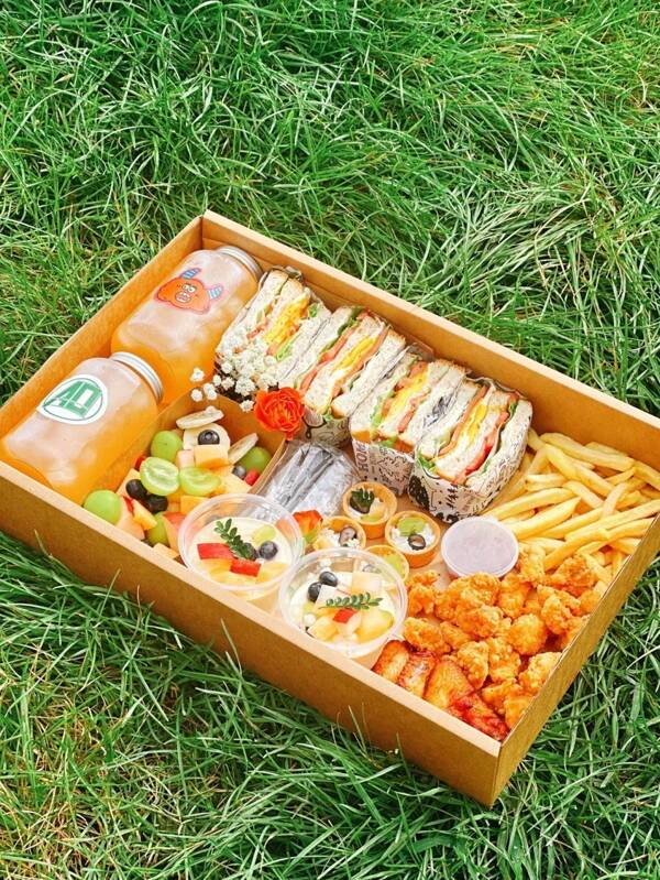 1pc/2pcs Kraft Paper Disposable Meal Boxes, Camping Outdoor Picnic Boxes, Portable Baking Packaging Boxes For BBQ, Afternoon Tea, Desserts, Cakes, Fruits, Takeaway Lunch Boxes