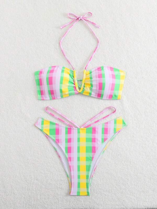 Women's Summer Beach Plaid Print Tie Back Bikini Set