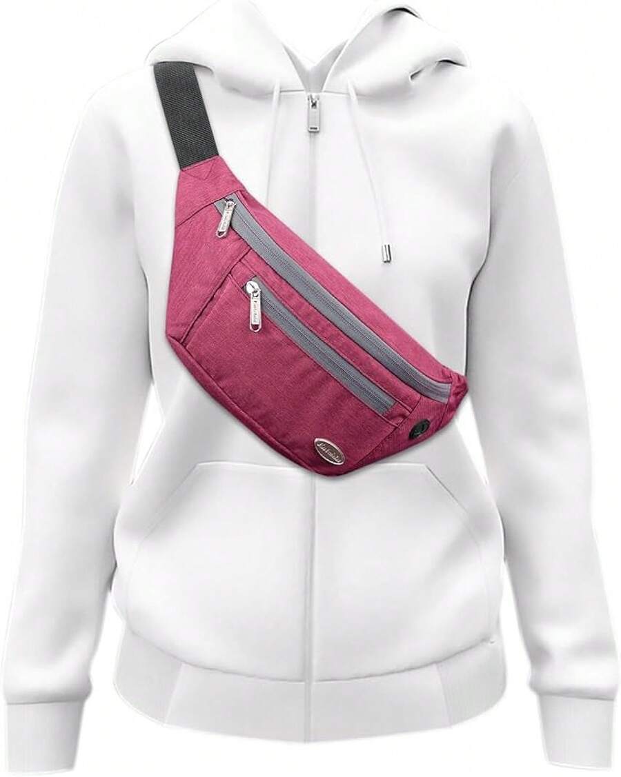 Entchin Fanny Pack Women Men,Crossbody Belt Bag With 4-Zipper Pockets,Adjustable Waist Bag Pack,One Of Most Popular Travel Essential Gifts Walking,Traveling,Cycling - 酒紅色 - 查看 1
