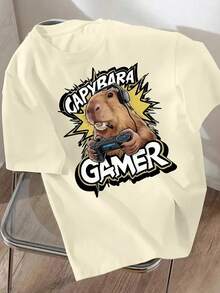 1 件休闲印花短袖套头 T 恤，男童夏季上衣，年轻学生童装 - 杏色 - 查看 3