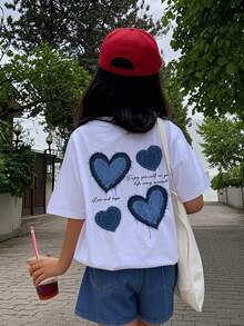 1件少女爱心印花短袖T恤，舒适时尚的夏季上衣，适合年轻学生