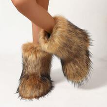 Botas de Cano Médio Antiderrapantes e Quentes para Inverno Femininas, Botas de Neve Fashion Vintage Personalizadas, Estilo Y2K em Falso Pelo de Vison/Raposa, Botas de Neve de Cano Médio com Plataforma Baixa, Botas de Inverno Felpudas e Peludas para Mulheres - Caramelo - Visão 5