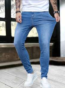 1 pieza Vaqueros de tela denim ajustada con cremallera y bolsillo para hombre