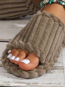 Pantoufles d'intérieur minimalistes mode nouvelle en velours côtelé, chaussures d'intérieur souples à enfiler avec orteils ouverts et doux confort en peluche