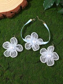 3pcs/Set White Lace Floral Earrings Necklace Jewelry Set, Daily & Holiday Accessories - White - View 16