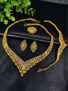1 Set Luxury Fully Jeweled Gold Plated Middle East Dubai Bride Wedding Accessories 4Pcs Jewelry Set Necklace Earrings Bracelet Ring, Women Fashion Gift - Yellow Gold - View 2
