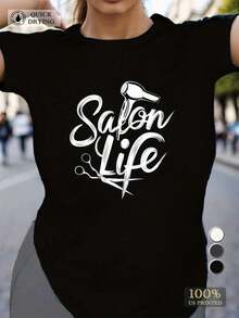 Women's 180g Black Cotton Round Neck Short Sleeve T-Shirt - Salon Life Print Graphic Tee - Quick Drying Comfort,  Hairstylist Fashion Statement, Ideal Gift For Salon Professionals, 100% US Printed, Breathable Casual Top - Black - View 2