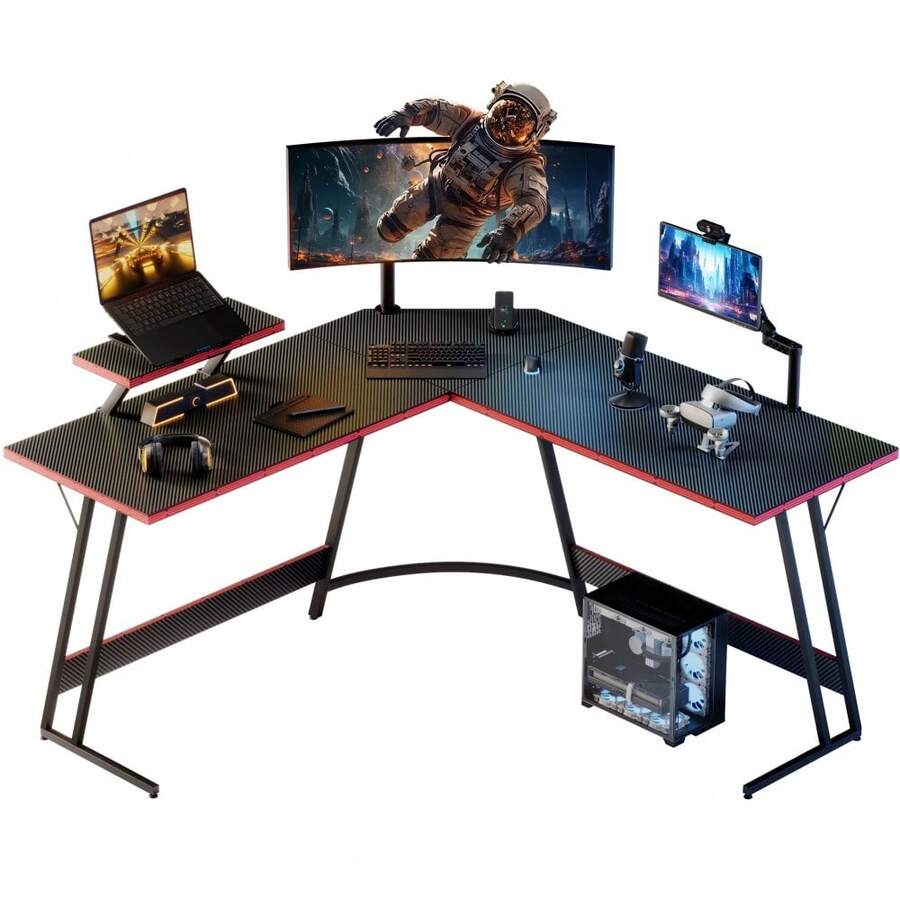 L-Shaped Gaming Desk 58 Inches Corner Office Desk With Removable Monitor Riser, Pink - Black - View 1