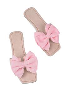 2025 New Flat Plus Size Fashion Elegant Ladies Shoes, Square Toe Cute Bowknot Super Soft Vacation Vibe Pink Sandals, Slip-Resistant Beach Slippers