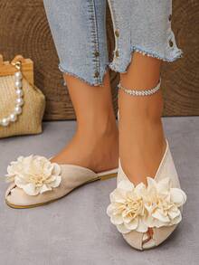 1 双女学生返校 3D 山茶花凉鞋，户外时尚拖鞋，圆头甜美平底一脚蹬凉鞋，适合婚礼、工作、学校、宿舍、度假、旅行、海滩 - 米色 - 查看 4