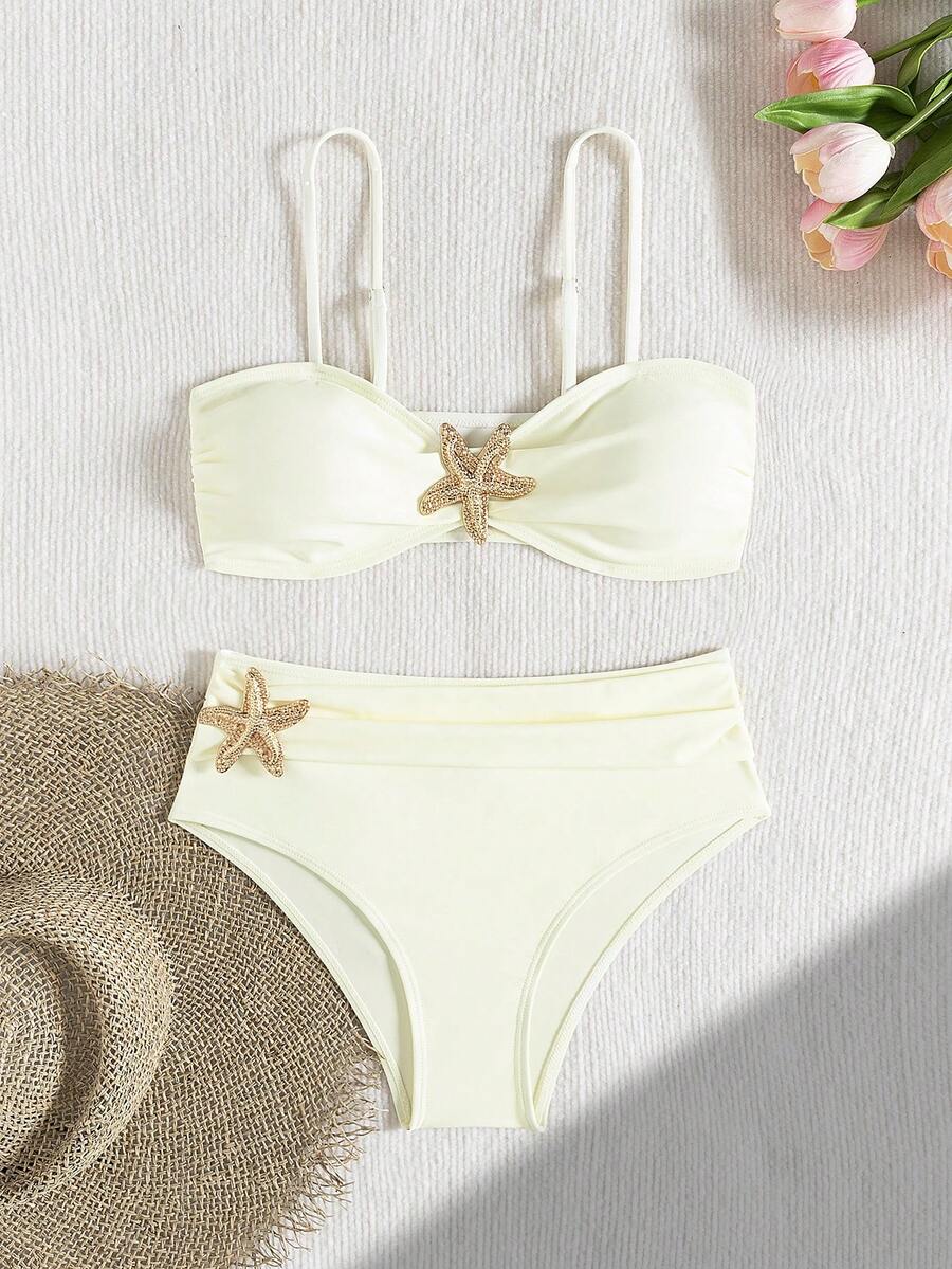 全新极简设计，纯色，性感，显瘦，遮肚，时尚配饰，度假风比基尼套装，时尚优雅两件式泳装，女士沙滩派对，夏季畅销泳装 - 乳白色 - 查看 1