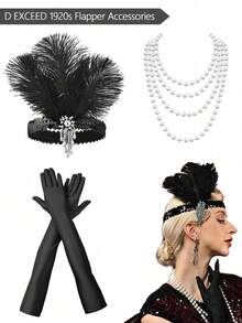 D EXCEED 1/3/4 PCS 20 世纪 20 年代装饰艺术风格轻佻女郎配饰 3 件套 - 仿羽毛头带、仿珍珠项链和手套，适合盖茨比茶会、母亲节、赛马俱乐部和复古主题活动