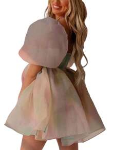 Women's Puff Sleeve Tulle Princess Dress Off Shoulder Square Collar Mini Dress Puffy Mesh Party Prom Evening Dress - Đỏ và trắng - Xem 8