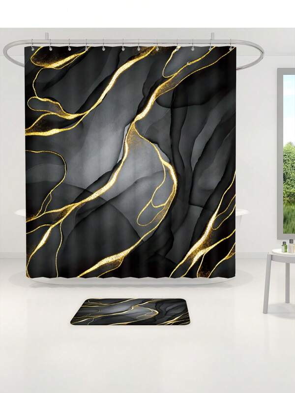 1/4pcs Black Golden Marble Patterned Bathroom Set Barrier Multifunctional Shower Curtain, With 12 Hooks, Non Slip Bathroom Floor Mat, Toilet U-Shaped Mat, Toilet Lid Mat, Bathroom Decoration, Bathroom Partition, Christmas Gift Bathroom Accessories