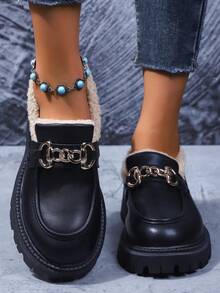Botas de tobillo con suela gruesa y decoración de cadena, estilo colegial para mujer. Forro cálido, unicolor, adecuado para el hogar, la oficina, fiestas, bodas, otoño/invierno, botas de piel - Negro - Ver 6