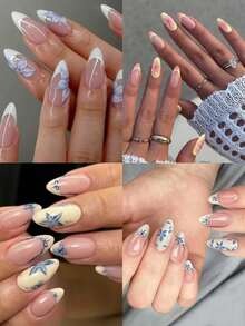 96片（4种混合款式）杏仁形3D凝胶美甲贴纸，包含花卉、鸟类和蝴蝶图案，法式亚克力按压式美甲贴片，持久贴合，内含1瓶果冻凝胶和1把指甲锉，易于佩戴，适合夏季美甲和法式美甲，适合女性和女孩日常佩戴和派对场合。 - 彩色 - 查看 3