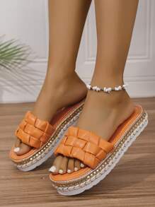 Pantuflas de moda con suela gruesa y empeine tejido a mano, nuevas para 2025