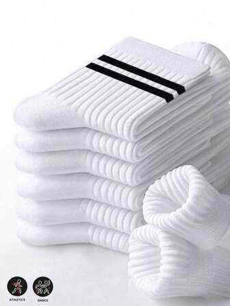 40双/30双/24双/20双/12双/10双/8双/4双/2双男女款运动时尚黑白条纹厚款中筒袜，抗菌舒适商务休闲长筒袜，透气柔软轻便防臭运动袜，适合所有季节