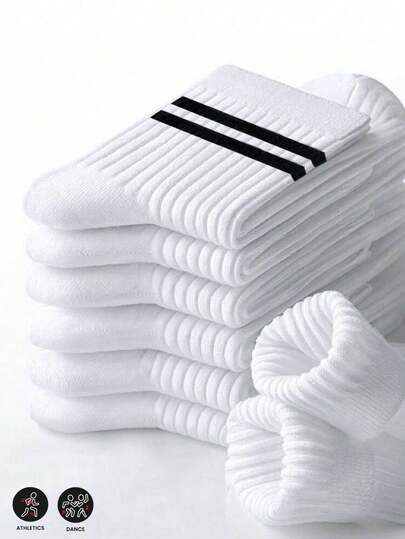 40双/30双/24双/20双/12双/10双/8双/4双/2双男女款运动时尚黑白条纹厚款中筒袜，抗菌舒适商务休闲长筒袜，透气柔软轻便防臭运动袜，适合所有季节