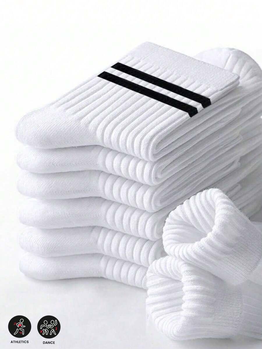 40双/30双/24双/20双/12双/10双/8双/4双/2双男女款运动时尚黑白条纹厚款中筒袜，抗菌舒适商务休闲长筒袜，透气柔软轻便防臭运动袜，适合所有季节 - 彩色 - 查看 1