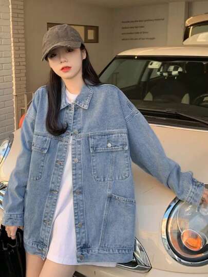 宽松复古设计中长款牛仔外套韩版百搭春秋装