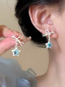 1 Pair Cute Pentagram Bow Crystal Stud Earrings, Suitable For Women Everyday And Party Wear