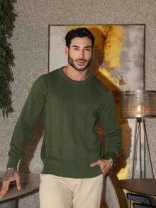 Men's Knitted Sweater Top Chic High Quality Textured Autumn Winter Long Sleeve - xanh quân đội - Xem 3