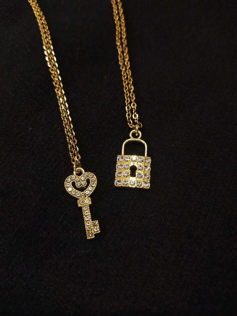 Rhinestone Key And Padlock Necklace Set Couple Friendship Couple Gift - Vàng - Xem 1