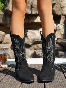 Fall/Winter 2025 Women's New Vintage American Style Embroidered Leather Pointed Toe Western Boots Faux Suede Fabric High-Top Cool Fashion Boots High Heel Contrast Color Chunky Heel Riding Boots Fashionable Punk Style Chelsea Boots,Cowboy Boots - Black - View 5