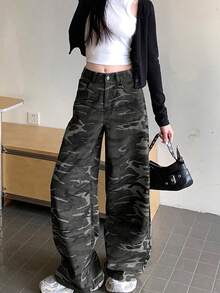 Retro American Camouflage Cargo Pants For Women, New Loose Straight Leg Casual Trousers With Drape Effect, Streetwear Style - Camouflage Gray - View 4