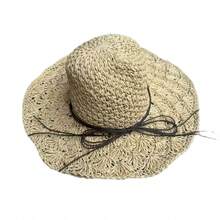 1 pieza Sombrero de paja de moda para mujer, sombrero de verano tejido a mano, ala ancha, estilo coreano, correa con lazo plegable, sombrero protector solar para playa y pesca, accesorio de viaje y vacaciones como regalo