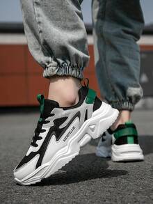 Men's Fashion Contrast Color Letter Pattern Leather & Mesh Patchwork Retro Chunky Sneakers, Lace-Up Soft Lightweight Comfortable Outdoor Reflective Jogging Shoes, Couples Style For All Seasons Valentine's Day Ideas - Contrasting Colors - View 9