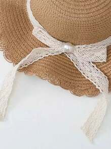1 pieza Sombrero de paja con decoración de cintas y perlas, estilo princesa adecuado para la playa, exteriores y uso diario