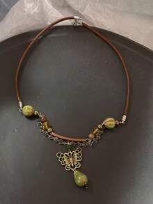 Vintage Brown Natural Stone Pendant Necklace For Women Fashion Geometric Long Leather Rope Necklace Sweater Chain Jewelry Gifts - Multicolor - View 10