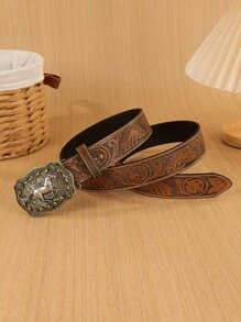 1pc Unisex Retro Western Cowboy Animal Buckle Embossed PU Leather Belt, Fashionable All-Match Suitable For Jeans, Skirts And Year-Round Wear