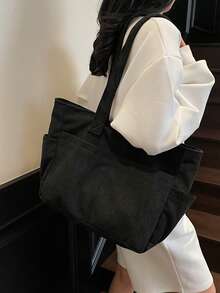 女士灯芯绒手提包，带多个口袋，适合高中生和大学生的时尚背包 - 黑色 - 查看 3