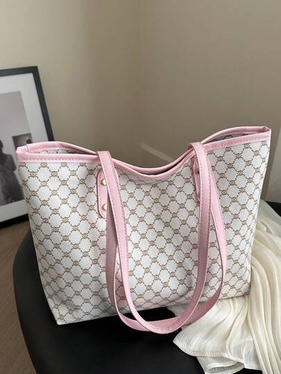 新款复古印花女士手提包，大容量超轻铆钉装饰，适合通勤、购物、办公室、大学