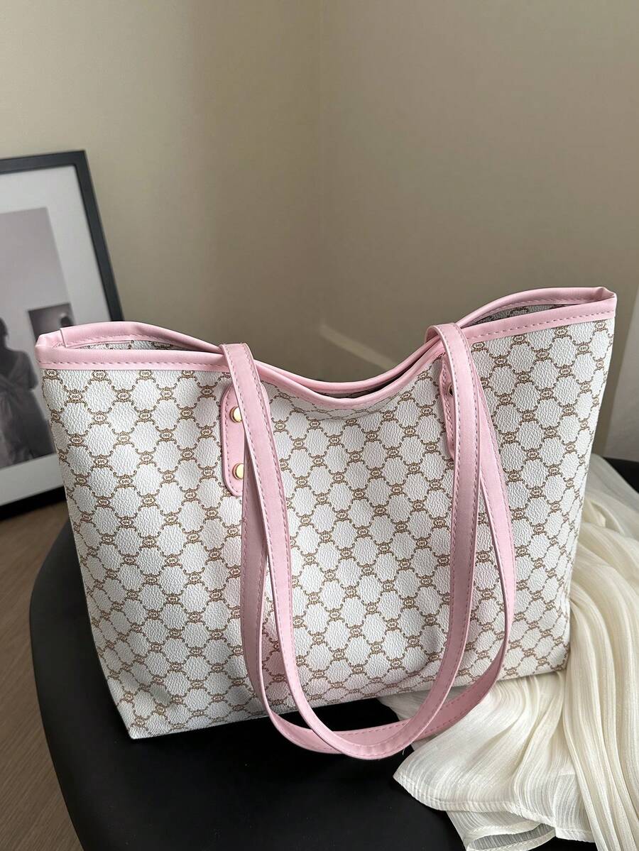 新款复古印花女士手提包，大容量超轻铆钉装饰，适合通勤、购物、办公室、大学 - 粉色 - 查看 1