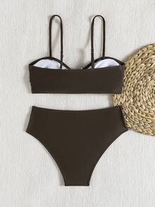 全新极简设计，纯色，性感，显瘦，遮肚，时尚配饰，度假风比基尼套装，时尚优雅两件式泳衣，女士沙滩派对，畅销泳装 - 深棕色 - 查看 7