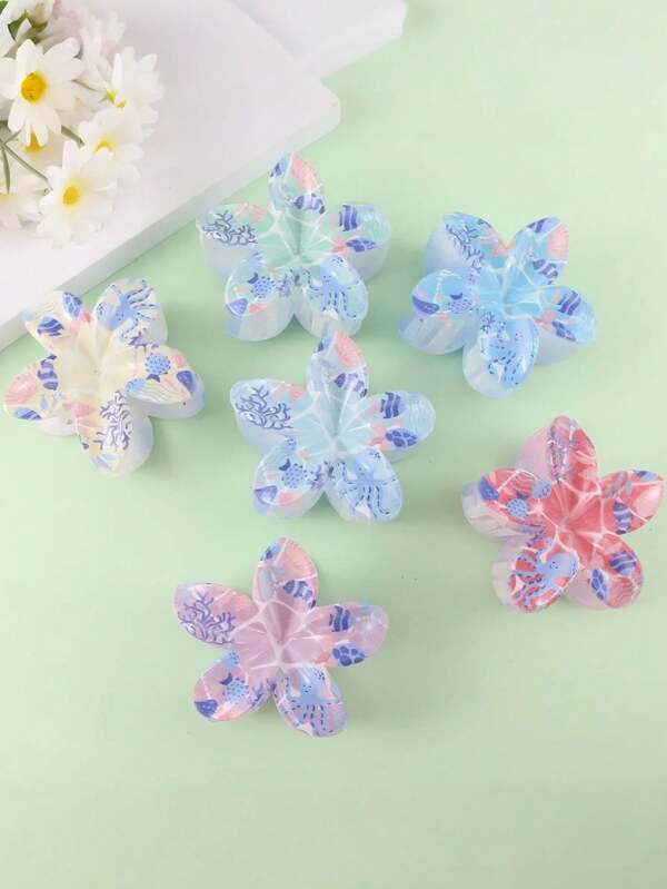1pc/6pcs Ocean Flower Print Hair Clips, Suitable For Women's Daily Life, Casual, Party, Commuting, Vacation - Hair Accessories, Best Gift For Girlfriend, Mom To Celebrate Festivals, Birthdays, Anniversaries Or Graduations