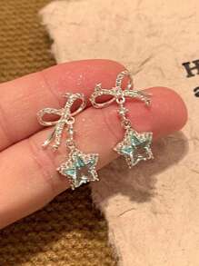 1 Pair Cute Pentagram Bow Crystal Stud Earrings, Suitable For Women Everyday And Party Wear