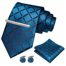 4pcs/Set Men's Fashion Plaid Necktie, Silk Satin Tie, Pocket Square, Cufflinks And Silvery Tie Clip Combo Gift Set, Suitable For Groom, Groomsman, Wedding, Business, Graduation, Evening Party, Perfectly Match Tuxedo To Make You Stand Out - Four-piece Set - View 24