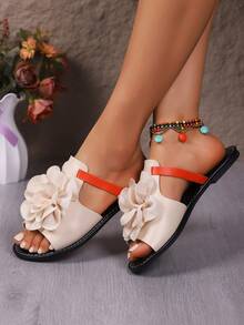 Dép xỏ ngón đi biển đính đá Rhinestone màu tương phản thời trang thường ngày cho nữ - Màu be - Xem 4