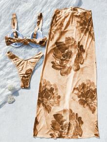 Bộ bikini 3 món dành cho nữ, họa tiết hoa, kèm chân váy maxi lưới in hoa ombre. Chân váy maxi lưới buộc dây tạo nên vẻ ngoài tươi mới và thời trang. - trái cam - Xem 5