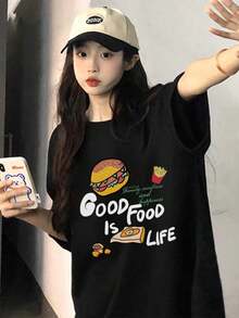 Women's Summer New Daily Casual Loose Round Neck Cotton Short Sleeve T-Shirt. Cute And Versatile Prints Are Printed On It, Fashionable And Versatile, Perfect For Daily Wear Ladies Tops. - 黑色 - 查看 2